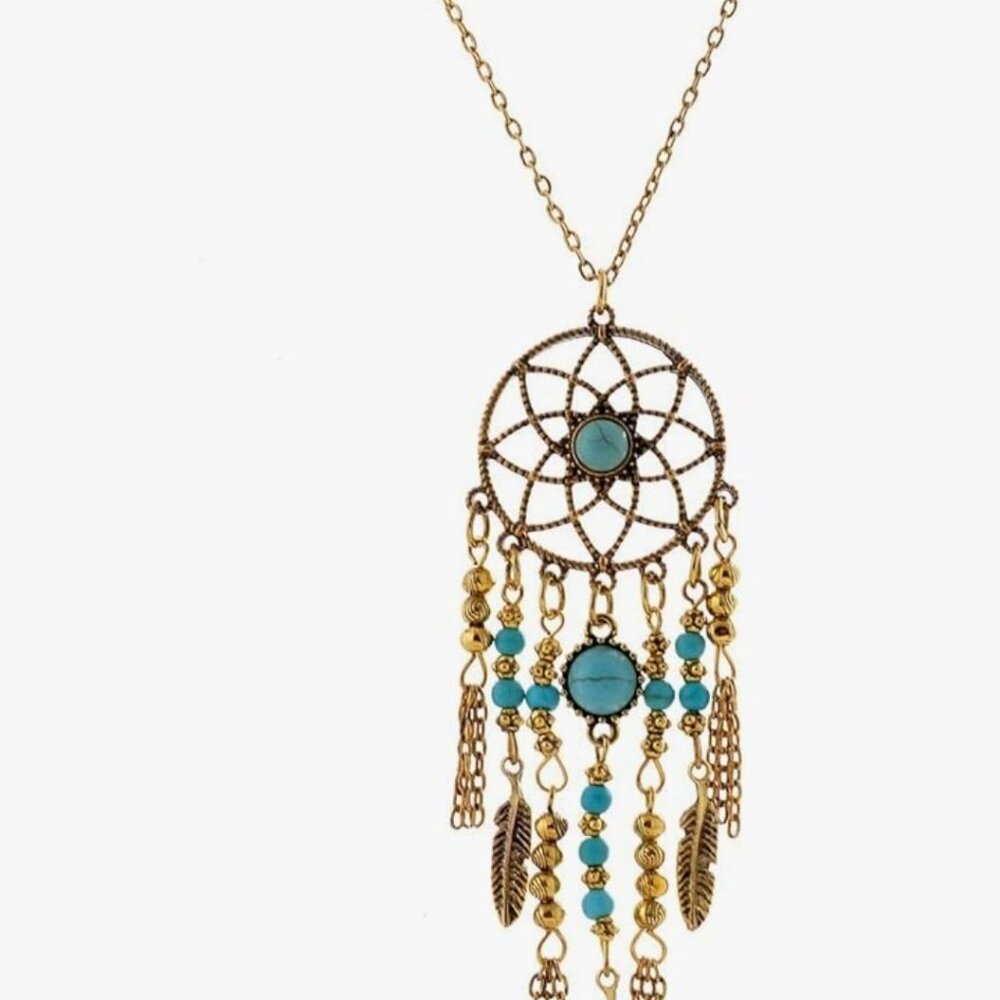 Gold Turquoise Feather Boho Dream Catcher‎ Necklace - Picture 2 of 2